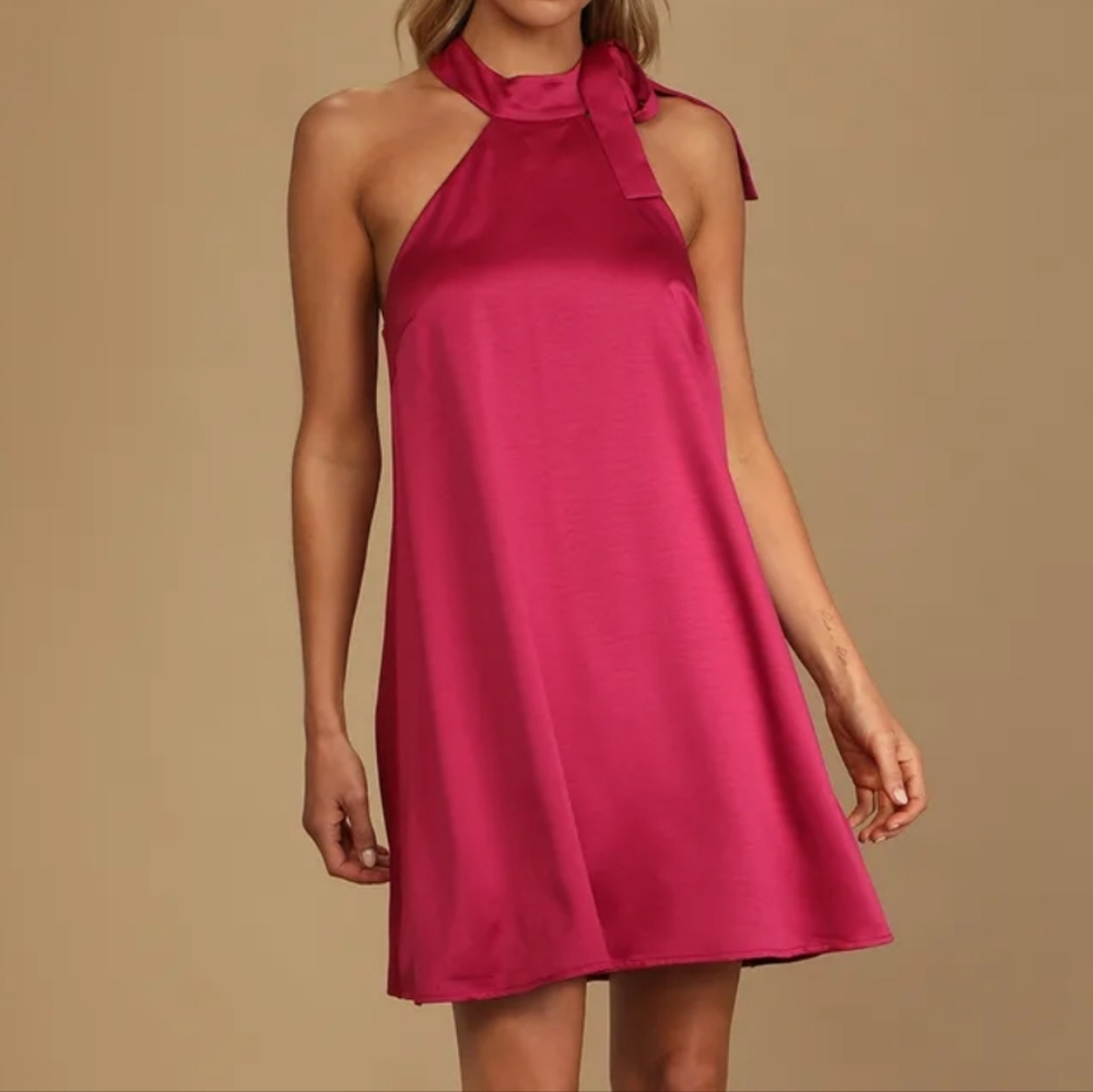 LuLu's Headed Out Tonight Fuchsia Satin Halter Swing Dress